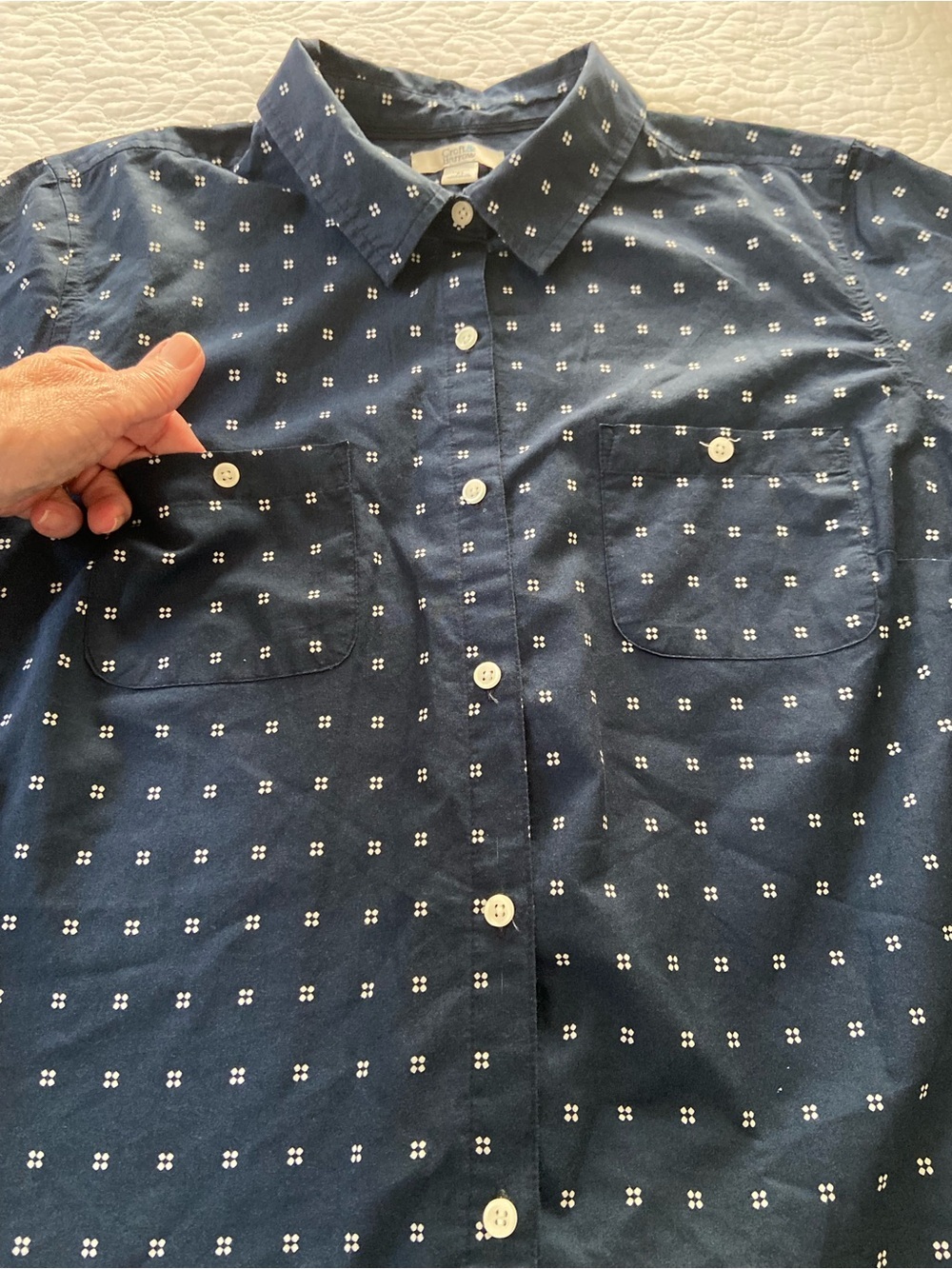 Croft & Barrow Navy 3/4 Sleeve Button-Down Shirt with White Dot Grid Size PL - Picture 7 of 13